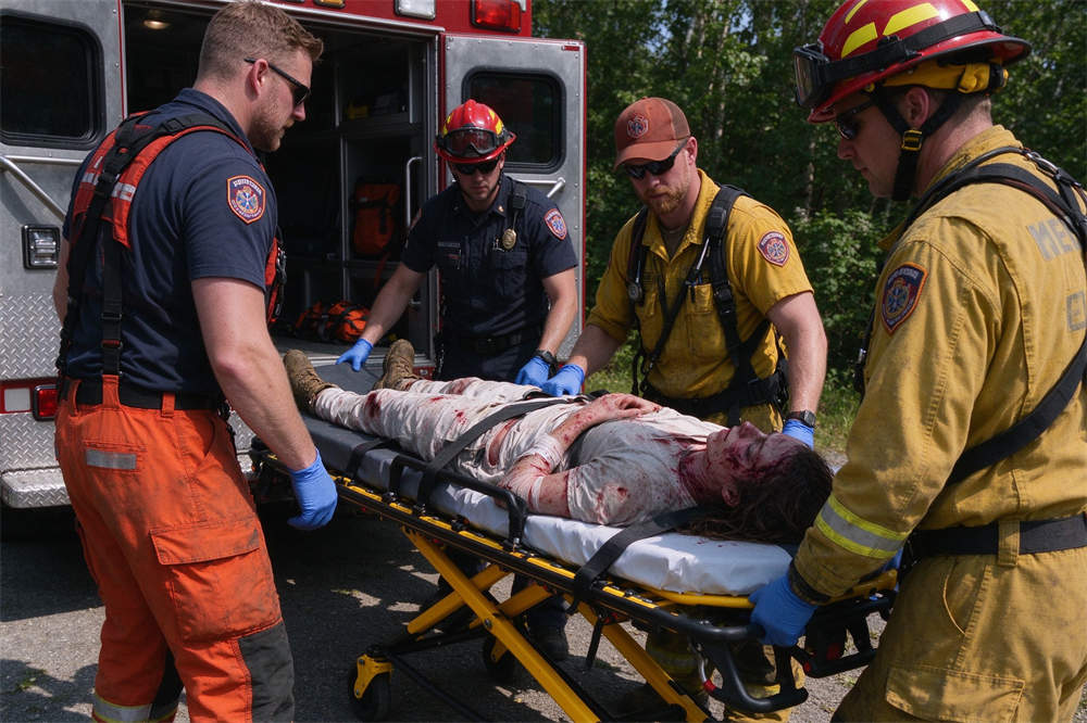Rescue team using stretcher to evacuate injured person, water rescue equipment for flood and coastal emergency services