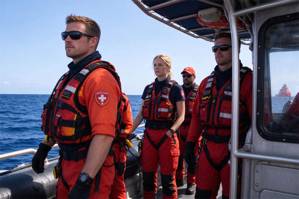 Rescue patrol boat along coast, water safety patrol and emergency services equipment for coastal protection