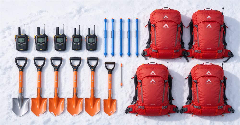 Flat lay product family of avalanche rescue equipment including beacon probe and shovel on white background showing three essentials