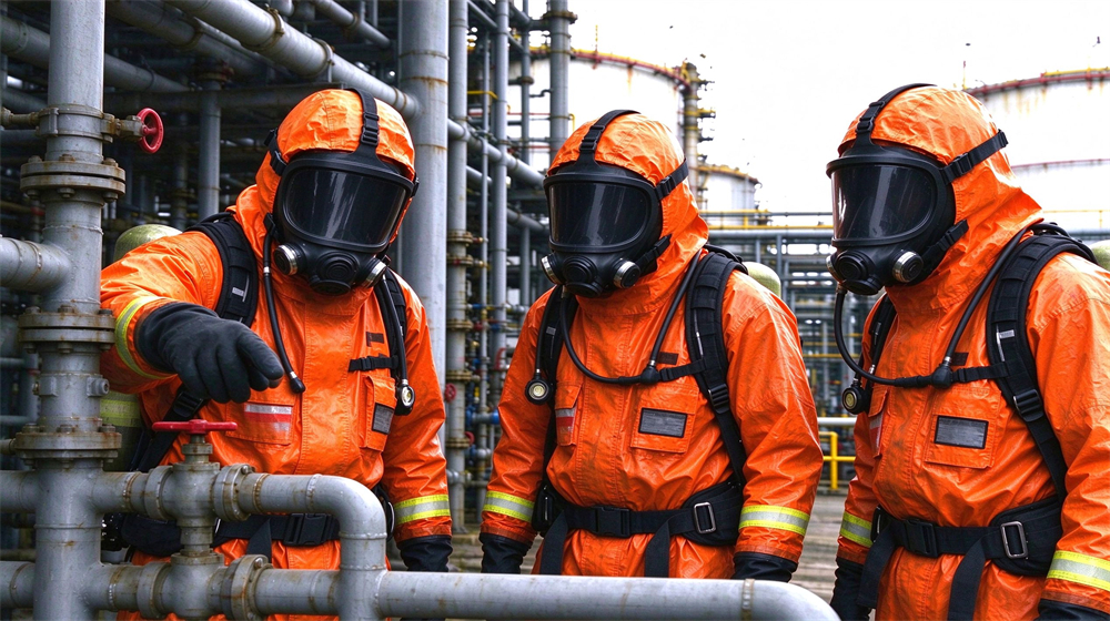 Three workers in orange chemical protective suits with full face respirators inspect pipeline valves inside industrial refinery plant Three workers in orange chemical protective suits with full face respirators inspect pipeline valves inside industrial refinery plant