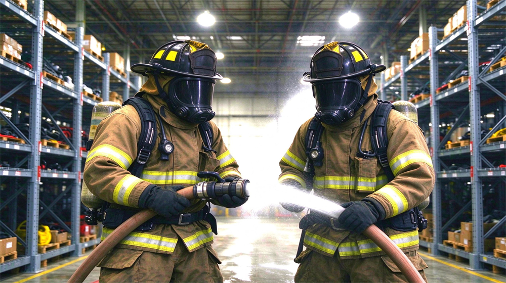 Two firefighters in brown turnout gear with reflective strips test fire hose nozzle spraying water inside warehouse
