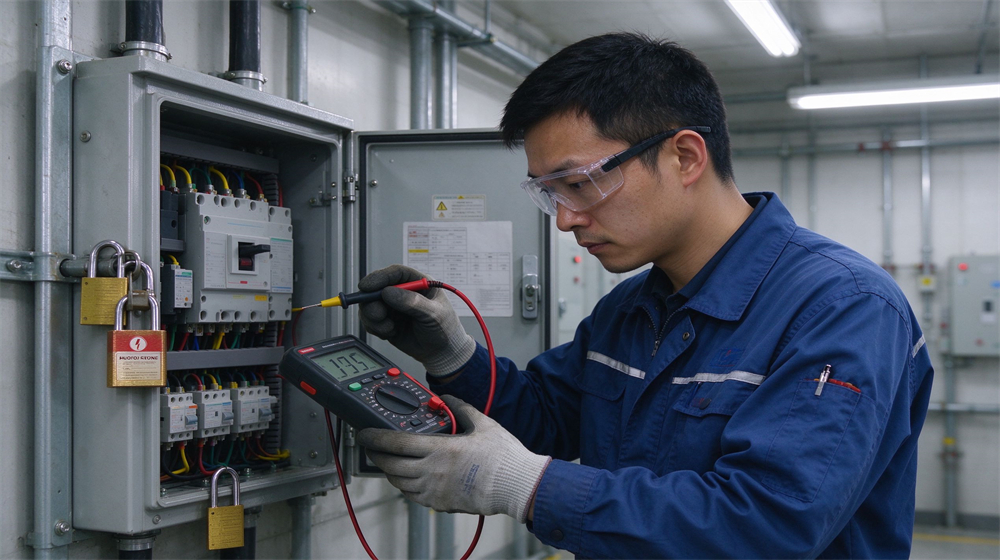 Technician wearing safety goggles uses digital multimeter to test voltage inside electrical distribution cabinet