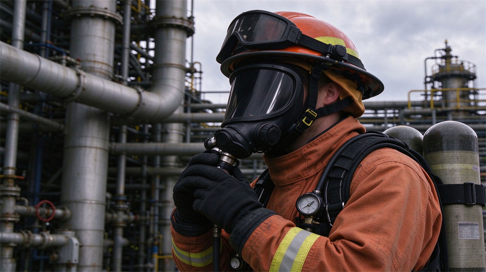 Firefighter wearing orange fire suit, safety helmet and full-face breathing apparatus carefully adjusts the air supply hose in petrochemical processing facility. Firefighter wearing orange fire suit, safety helmet and full-face breathing apparatus carefully adjusts the air supply hose in petrochemical processing facility.