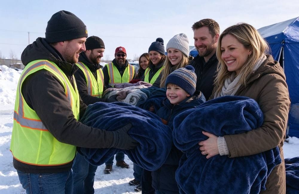 Wide view of relief blankets distributed outdoors to families in different regional climates, flood relief supplies matched to local weather conditions in Africa