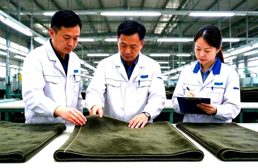 Wide view of Asian quality inspectors checking blanket edge seams and stitching during bulk flannel blanket quality control in a factory workshop
