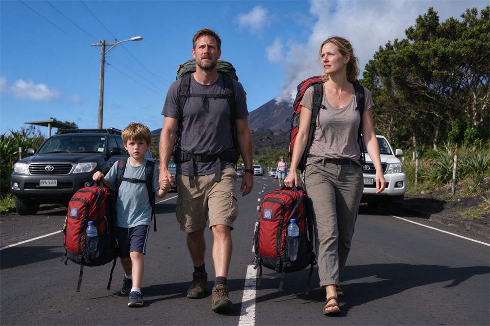 Family evacuating volcano area with emergency go bags, volcanic eruption evacuation planning and volcano emergency kit supplies Family evacuating volcano area with emergency go bags, volcanic eruption evacuation planning and volcano emergency kit supplies