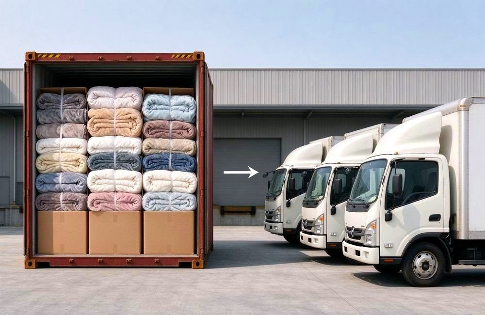 Filled shipping container stacked with folded wool blend blankets and cartons, showing bulk cargo transfer to delivery trucks at logistics yard