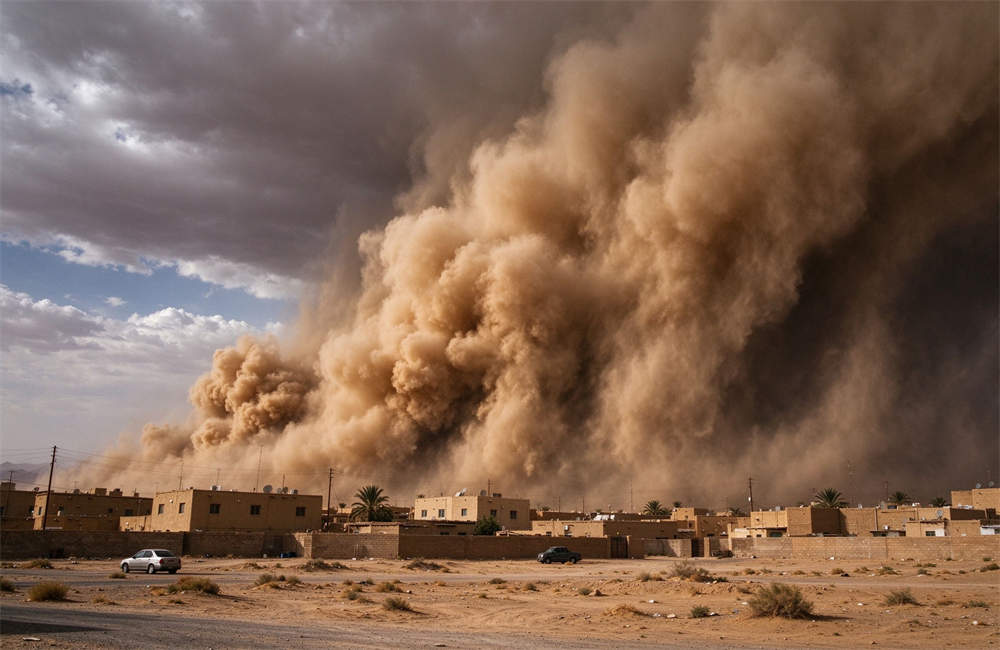 Massive yellow sandstorm wall approaching a desert town, dramatic dust cloud towering over buildings, sandstorm emergency kit preparedness Massive yellow sandstorm wall approaching a desert town, dramatic dust cloud towering over buildings, sandstorm emergency kit preparedness