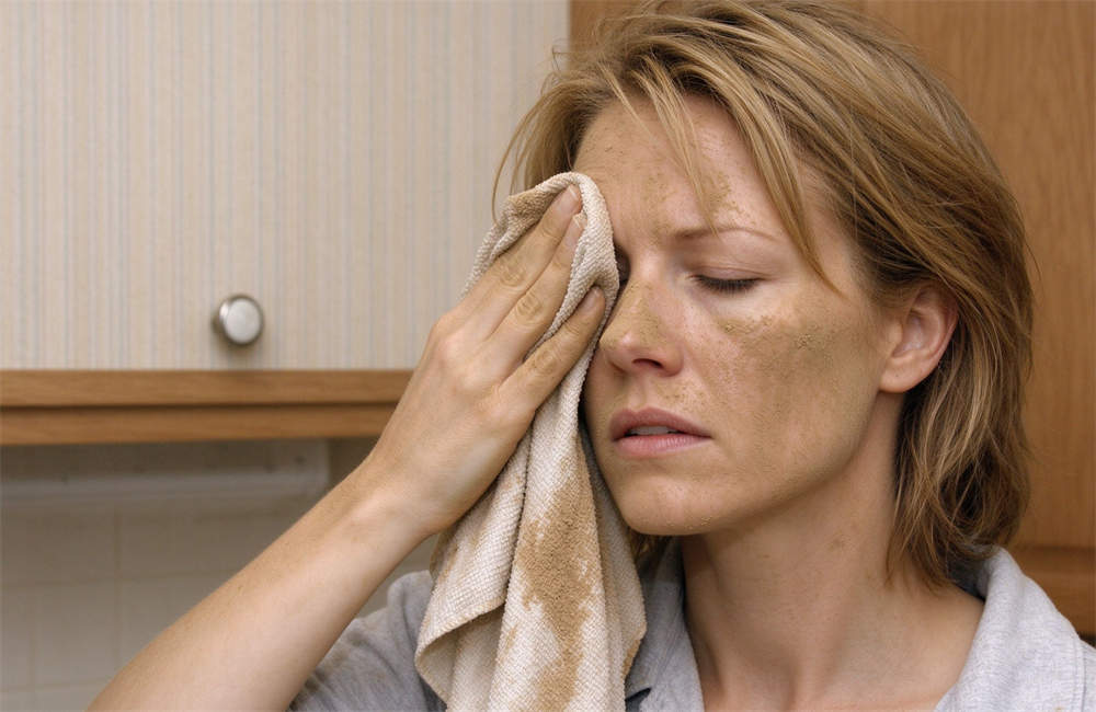 Caucasian woman wiping dust off face with damp cloth after sandstorm, personal hygiene and cleanup after dust storm Caucasian woman wiping dust off face with damp cloth after sandstorm, personal hygiene and cleanup after dust storm